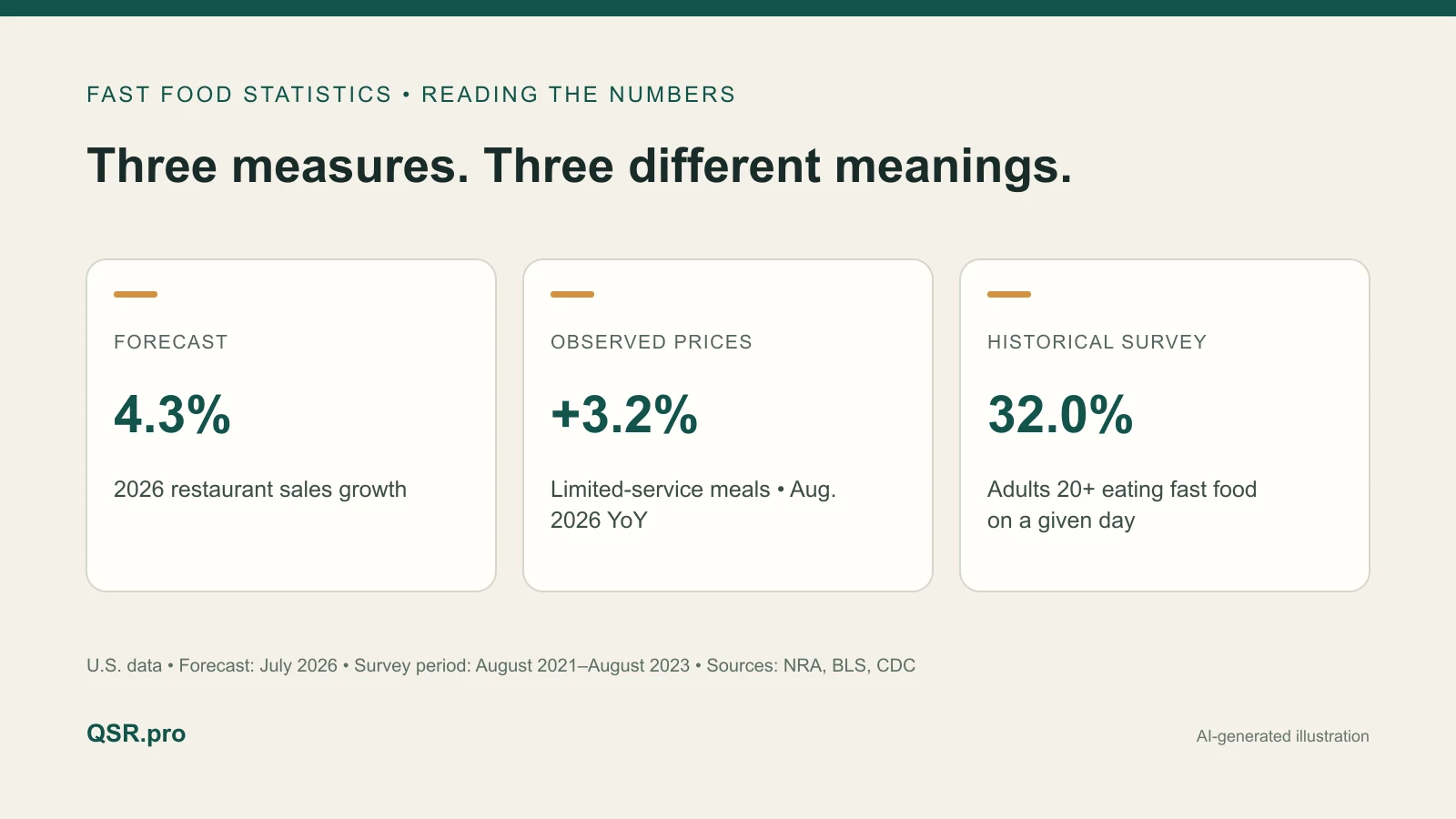 Three cards distinguish a restaurant sales forecast, limited-service menu price inflation and a historical survey of fast-food consumption.