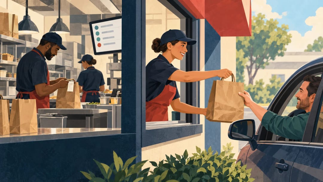 Illustration of a restaurant worker handing a takeout bag to a drive-thru customer.