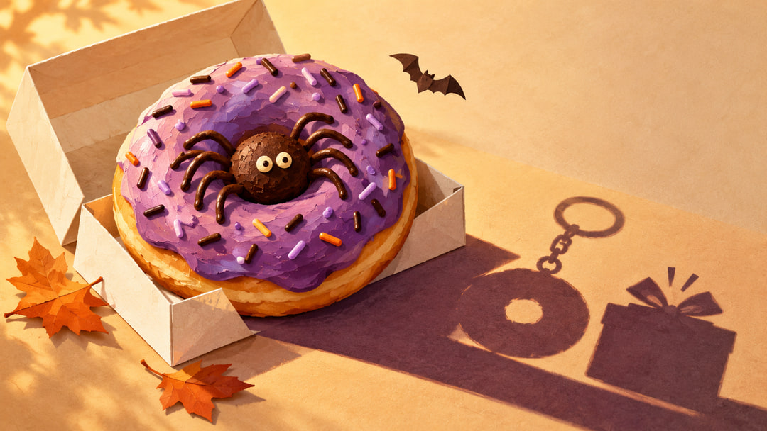Conceptual illustration of a purple Halloween doughnut in a bakery box, with shadows shaped like a keyring and a surprise box.