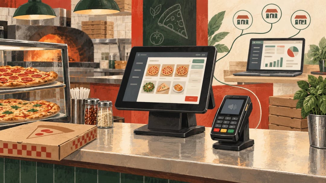 Editorial illustration of a pizza counter, checkout terminal and connected restaurant operations.